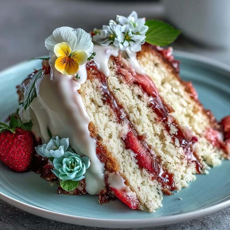 Feuchter Spring Cake mit cremiger Erdbeer-Buttercreme und eleganter weißer Schokoladendekoration.