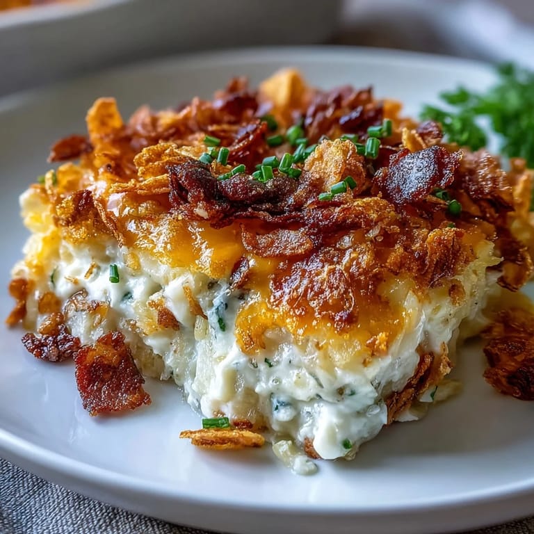 Sahnige Cheesy Hash Brown Casserole mit zerkleinerten Kartoffeln und herzhafter Pilz-Sahne-Sauce.