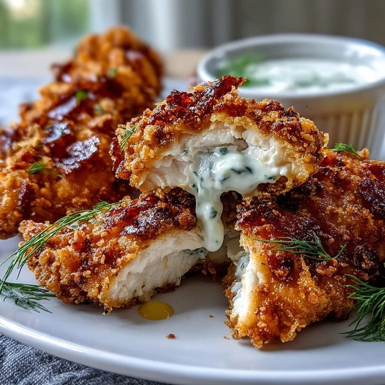 Genieße diese saftigen, in Gurkenwasser marinierten Hähnchen-Tender goldbraun frittiert.