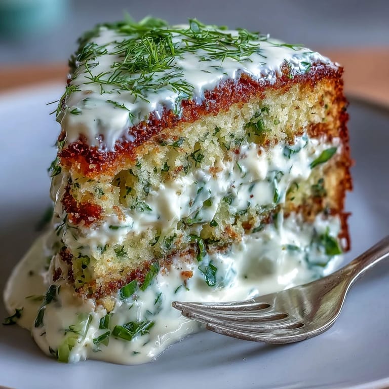 Herzhafter Pickle Cake, belegt mit cremiger Dill-Frischkäse-Glasur.