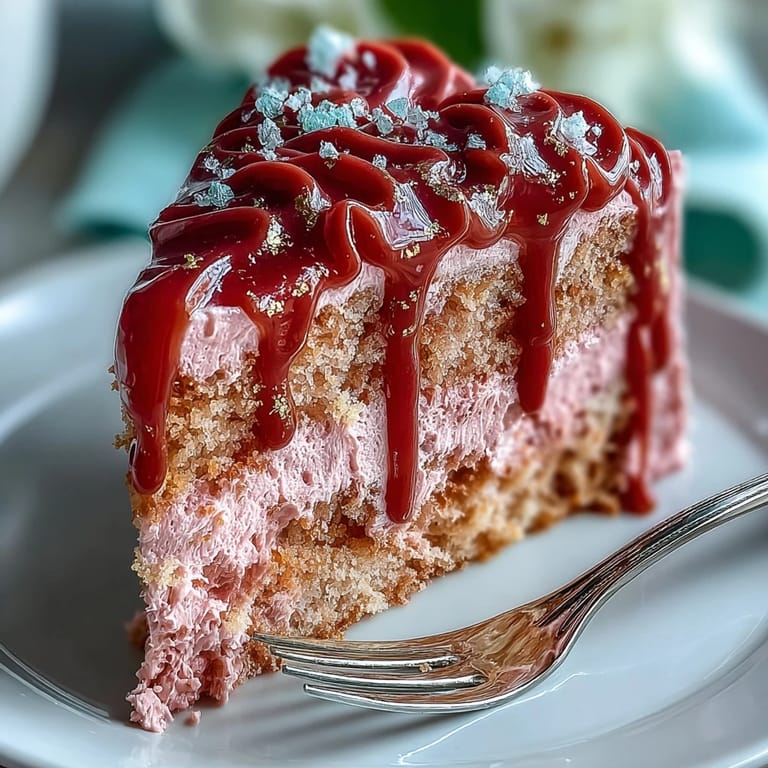 Prächtiger Rosé-Velvet Cake mit elegante Goldglasur, bereit zum Servieren.