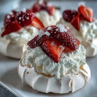 Zarte, knusprige Baisernester gefüllt mit luftiger Schlagsahne und frischen Erdbeeren, ideal für Frühlingsfeiern.