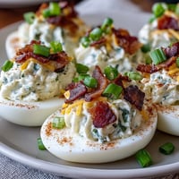 Jalapeño Popper Deviled Eggs mit Frischkäse: Würzige Eierhäppchen mit knusprigem Speck und cremigem Kern.